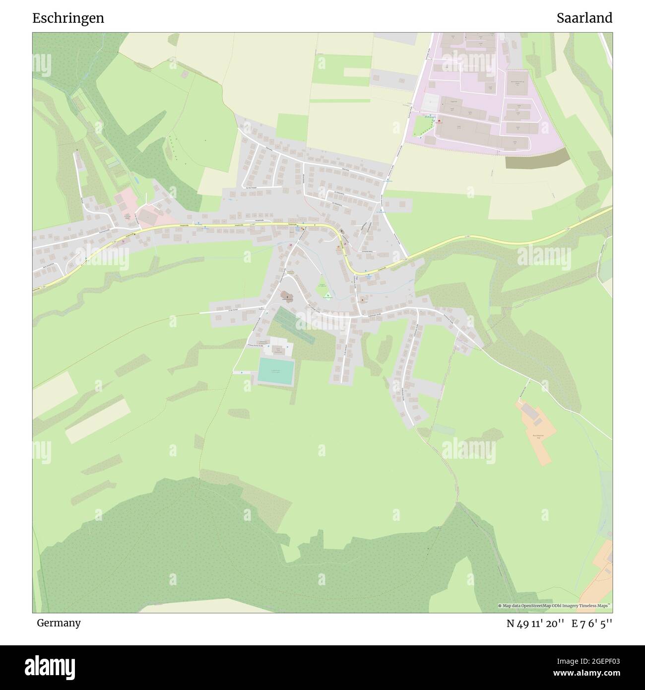 Eschringen, Deutschland, Saarland, N 49 11' 20'', E 7 6' 5'', Karte, Timeless Map veröffentlicht 2021. Reisende, Entdecker und Abenteurer wie Florence Nightingale, David Livingstone, Ernest Shackleton, Lewis and Clark und Sherlock Holmes haben sich bei der Planung von Reisen zu den entlegensten Ecken der Welt auf Karten verlassen.Timeless Maps kartiert die meisten Orte auf der Welt und zeigt die Verwirklichung großer Träume Stockfoto