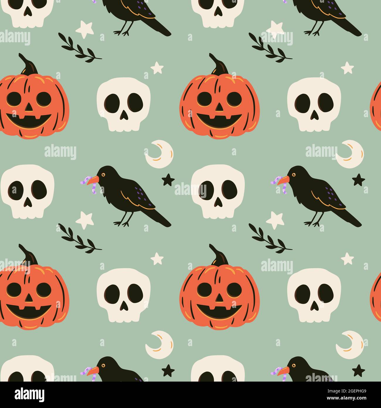 Halloween Nahtloses Muster mit Raben, Totenköpfen und Kürbis. Niedliche gruselige Vektor-Illustration. Tricksen oder behandeln Sie Urlaubshintergrund. Handgezeichnete Textur. Stock Vektor