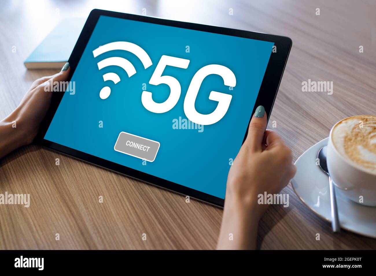 5g Schnelle mobile Internetverbindung, Kommunikation der Ne-Generation und modernes Technologiekonzept. Stockfoto
