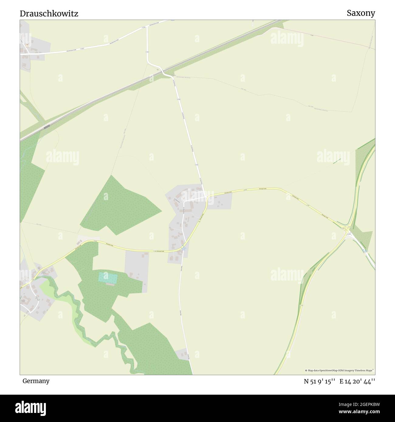 Drauschkowitz, Deutschland, Sachsen, N 51 9' 15'', E 14 20' 44'', Karte, Timeless Map veröffentlicht 2021. Reisende, Entdecker und Abenteurer wie Florence Nightingale, David Livingstone, Ernest Shackleton, Lewis and Clark und Sherlock Holmes haben sich bei der Planung von Reisen zu den entlegensten Ecken der Welt auf Karten verlassen.Timeless Maps kartiert die meisten Orte auf der Welt und zeigt die Verwirklichung großer Träume Stockfoto