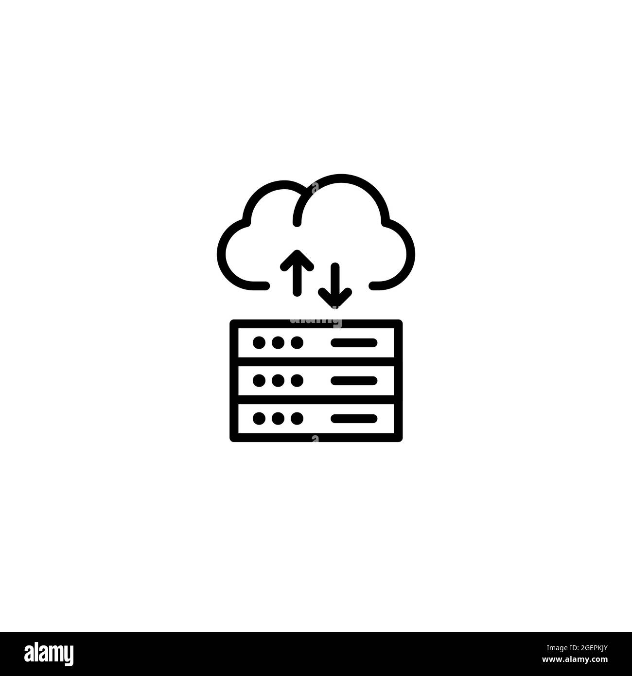 Symbol für Cloud-Server. Virtuelle Datenspeichertechnologie. Austausch von Synchronisierungsinformationen. Pixelgenaue, bearbeitbare Kontur Stock Vektor