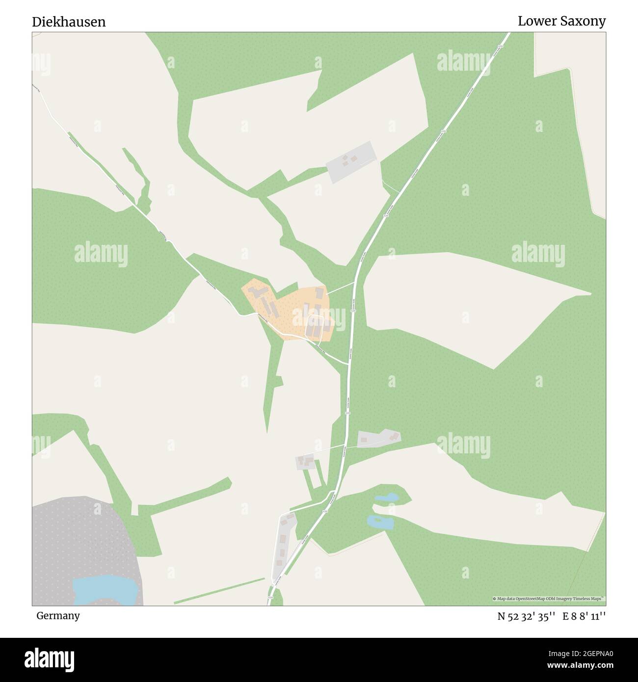 Diekhausen, Deutschland, Niedersachsen, N 52 32' 35'', E 8 8' 11'', Karte, Timeless Map veröffentlicht 2021. Reisende, Entdecker und Abenteurer wie Florence Nightingale, David Livingstone, Ernest Shackleton, Lewis and Clark und Sherlock Holmes haben sich bei der Planung von Reisen zu den entlegensten Ecken der Welt auf Karten verlassen.Timeless Maps kartiert die meisten Orte auf der Welt und zeigt die Verwirklichung großer Träume Stockfoto