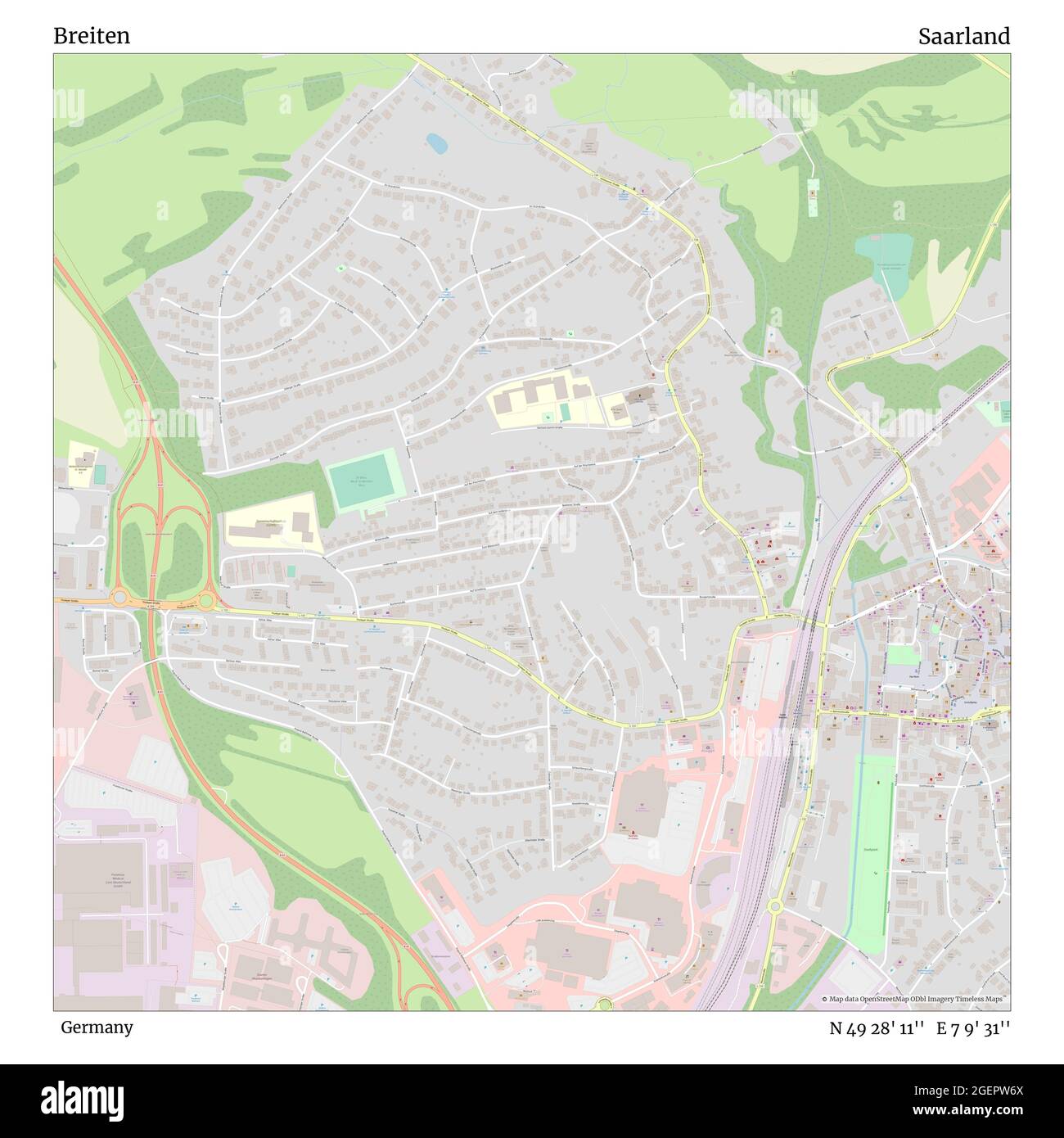 Breiten, Deutschland, Saarland, N 49 28' 11'', E 7 9' 31'', map, Timeless Map veröffentlicht 2021. Reisende, Entdecker und Abenteurer wie Florence Nightingale, David Livingstone, Ernest Shackleton, Lewis and Clark und Sherlock Holmes haben sich bei der Planung von Reisen zu den entlegensten Ecken der Welt auf Karten verlassen.Timeless Maps kartiert die meisten Orte auf der Welt und zeigt die Verwirklichung großer Träume Stockfoto