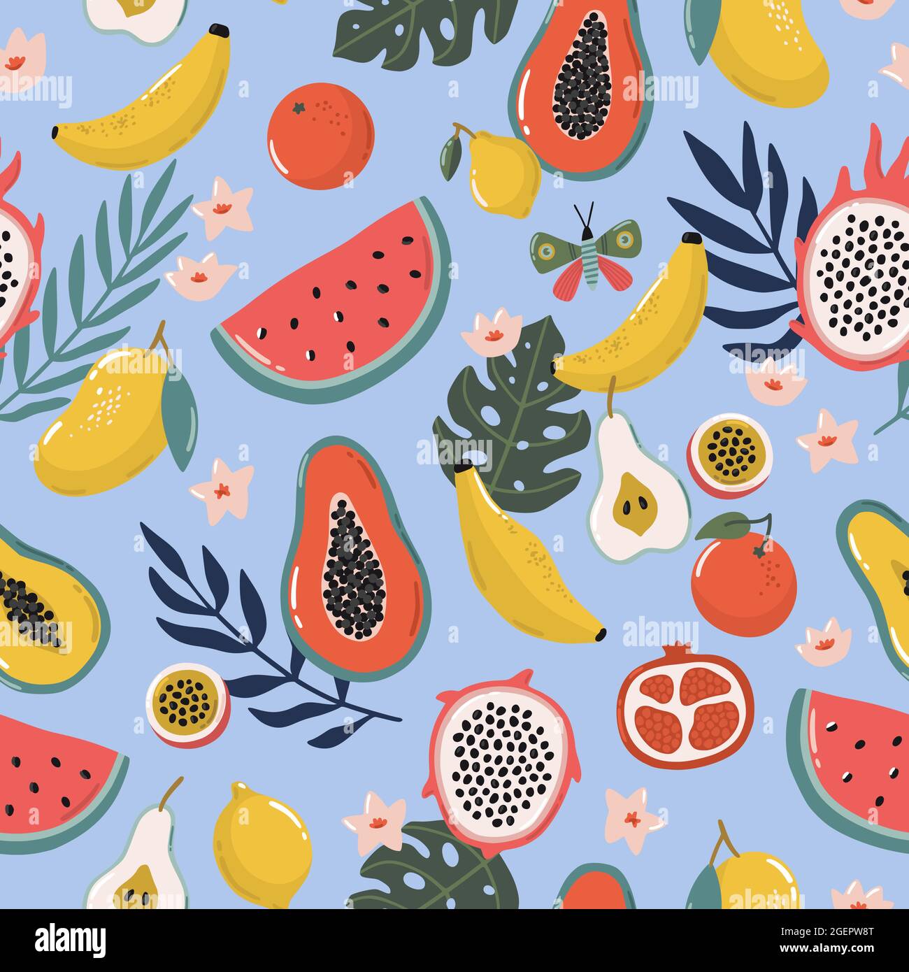 Tropisches nahtloses Muster mit exotischen Früchten, Palmenzweigen und Blumen. Schöner Sommerhintergrund. Handgezeichnete Vektorgrafik. Stock Vektor