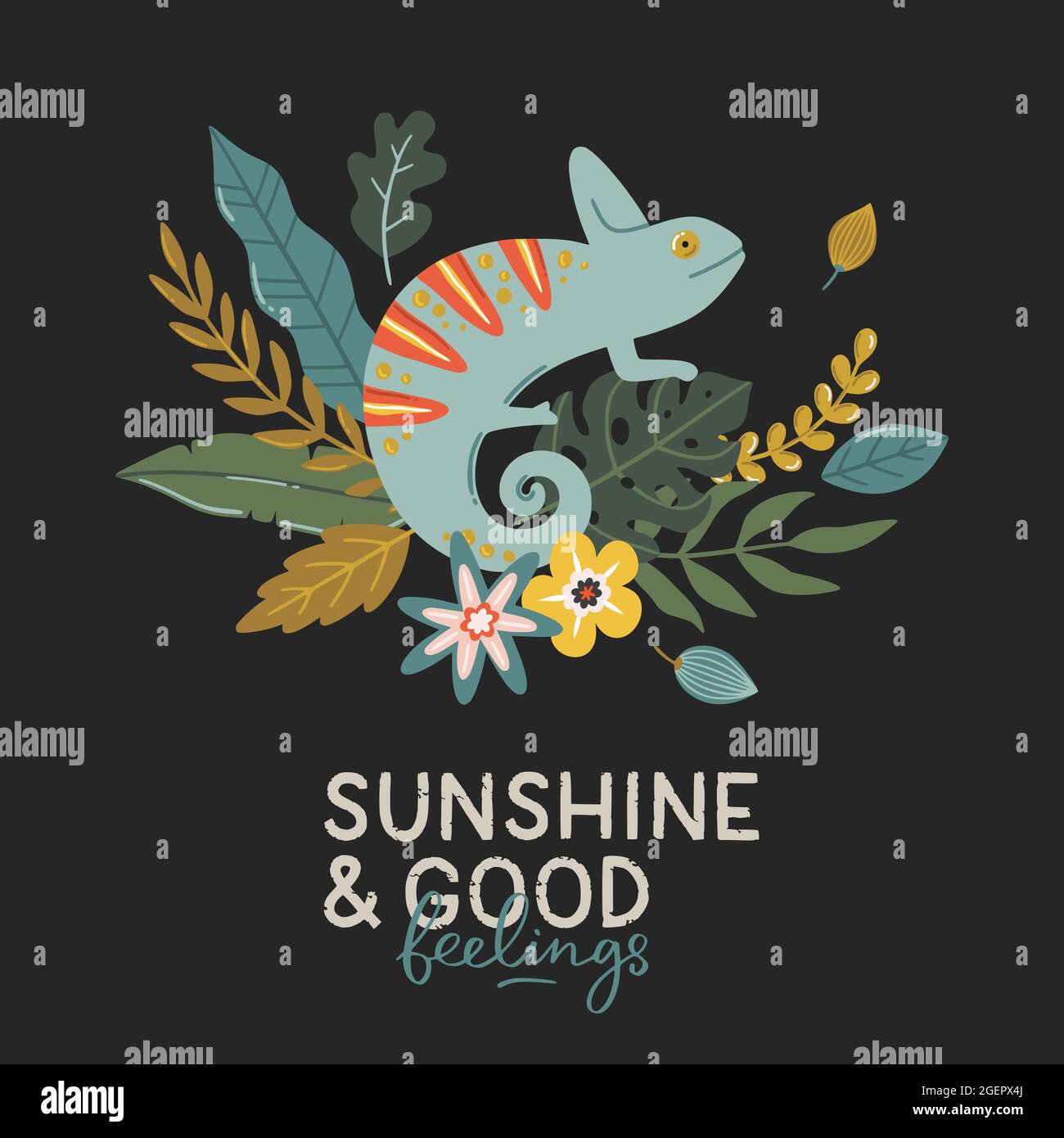 Niedlicher Typografie-Druck mit exotischen Tieren und Pflanzen. Handgezeichnete Vektorgrafiken und Schriftzüge. Perfekt für sommerliche Dekorationen. Stock Vektor