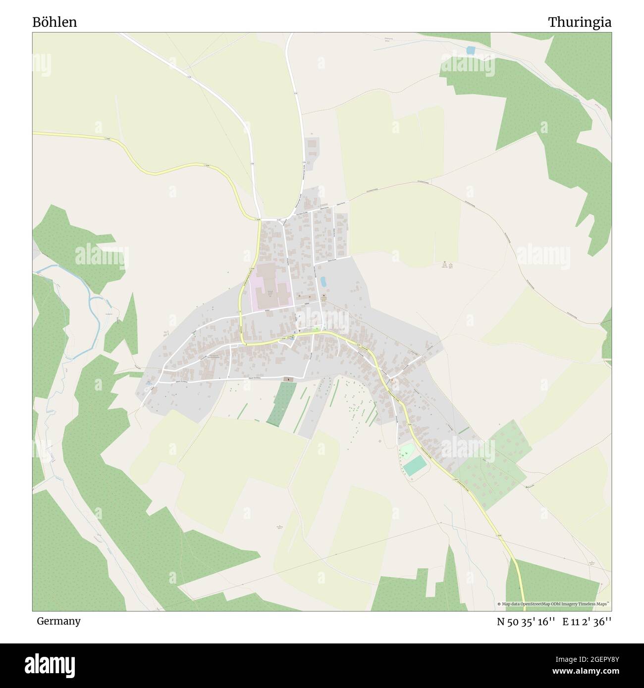 Böhlen, Deutschland, Thüringen, N 50 35' 16'', E 11 2' 36'', Karte, Timeless Map veröffentlicht 2021. Reisende, Entdecker und Abenteurer wie Florence Nightingale, David Livingstone, Ernest Shackleton, Lewis and Clark und Sherlock Holmes haben sich bei der Planung von Reisen zu den entlegensten Ecken der Welt auf Karten verlassen.Timeless Maps kartiert die meisten Orte auf der Welt und zeigt die Verwirklichung großer Träume Stockfoto