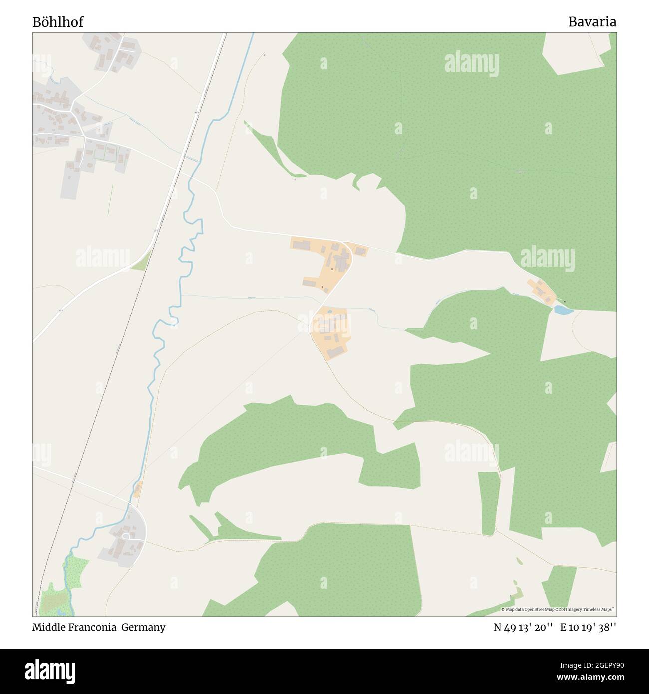 Böhlhof, Mittelfranken, Deutschland, Bayern, N 49 13' 20'', E 10 19' 38'', Karte, Timeless Map veröffentlicht im Jahr 2021. Reisende, Entdecker und Abenteurer wie Florence Nightingale, David Livingstone, Ernest Shackleton, Lewis and Clark und Sherlock Holmes haben sich bei der Planung von Reisen zu den entlegensten Ecken der Welt auf Karten verlassen.Timeless Maps kartiert die meisten Orte auf der Welt und zeigt die Verwirklichung großer Träume Stockfoto