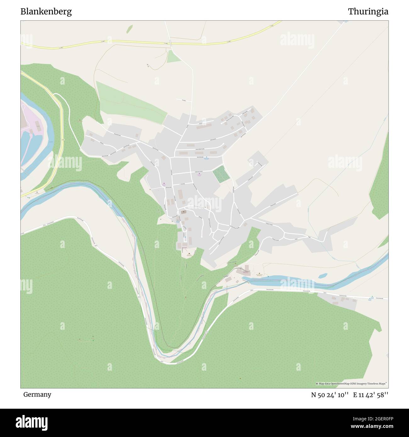 Blankenberg, Deutschland, Thüringen, N 50 24' 10'', E 11 42' 58'', Karte, Timeless Map veröffentlicht 2021. Reisende, Entdecker und Abenteurer wie Florence Nightingale, David Livingstone, Ernest Shackleton, Lewis and Clark und Sherlock Holmes haben sich bei der Planung von Reisen zu den entlegensten Ecken der Welt auf Karten verlassen.Timeless Maps kartiert die meisten Orte auf der Welt und zeigt die Verwirklichung großer Träume Stockfoto