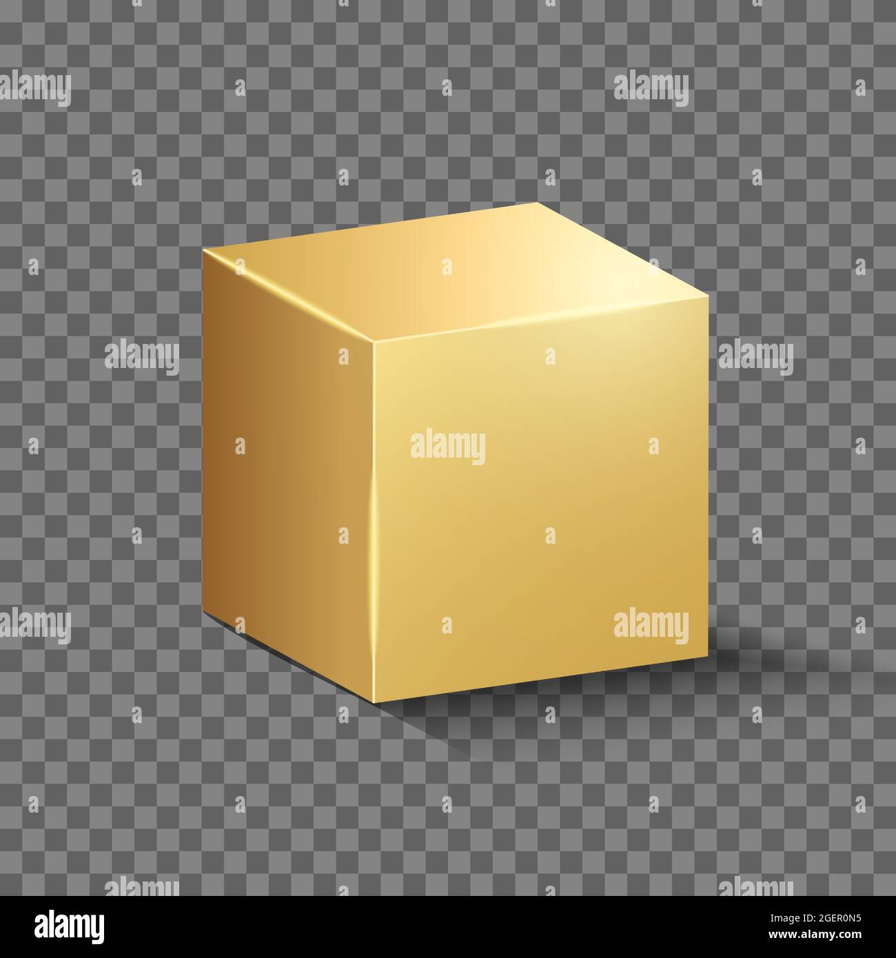 Goldbox. Goldener Metallwürfel. Realistischer, glänzender 3D-Block. Vektor geometrische moderne Illustration Stock Vektor