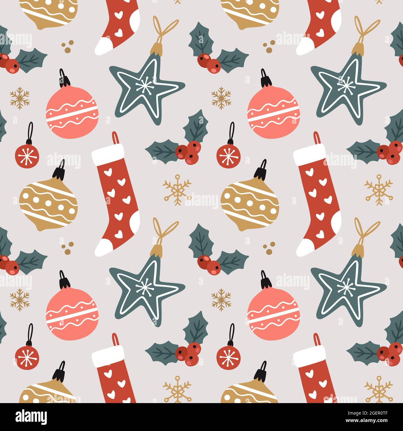 Weihnachtliches Nahtloses Muster mit weihnachtsdekorationen, Socken und Stechpalme. Niedliche festliche Hintergrund. Handgezeichnete Vektorgrafik. Stock Vektor