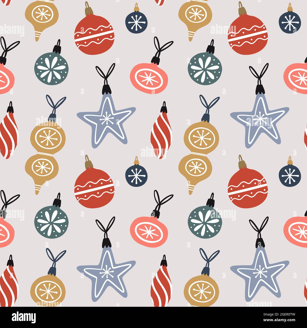 Nahtloses Muster mit weihnachtsornamenten, Kugeln, Sternen. Niedliche festliche Hintergrund. Handgezeichnete Vektorgrafik. Urlaub endlose Textur. Stock Vektor