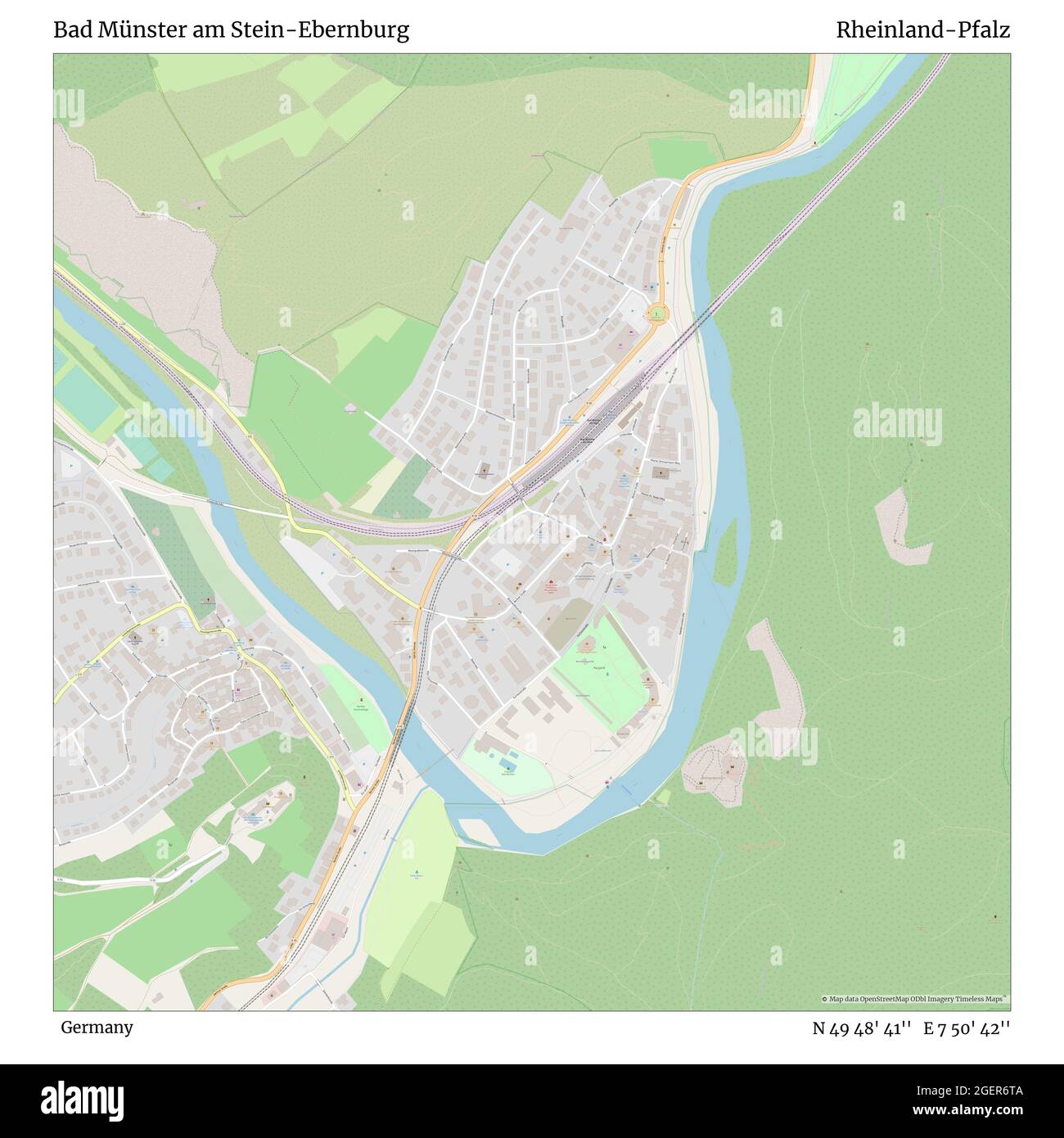 Bad Münster am Stein-Ebernburg, Deutschland, Rheinland-Pfalz, N 49 48' 41'', E 7 50' 42'', map, Timeless Map veröffentlicht 2021. Reisende, Entdecker und Abenteurer wie Florence Nightingale, David Livingstone, Ernest Shackleton, Lewis and Clark und Sherlock Holmes haben sich bei der Planung von Reisen zu den entlegensten Ecken der Welt auf Karten verlassen.Timeless Maps kartiert die meisten Orte auf der Welt und zeigt die Verwirklichung großer Träume Stockfoto