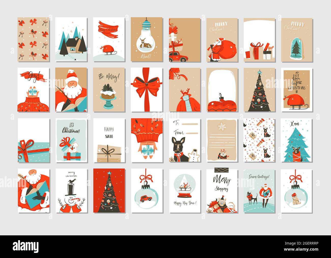Hand gezeichnet Vektor abstrakt Spaß Frohe Weihnachten Zeit Cartoon Illustrationen Grußkarten und Hintergründe große Sammlung Set mit Geschenkboxen, Menschen und Stock Vektor
