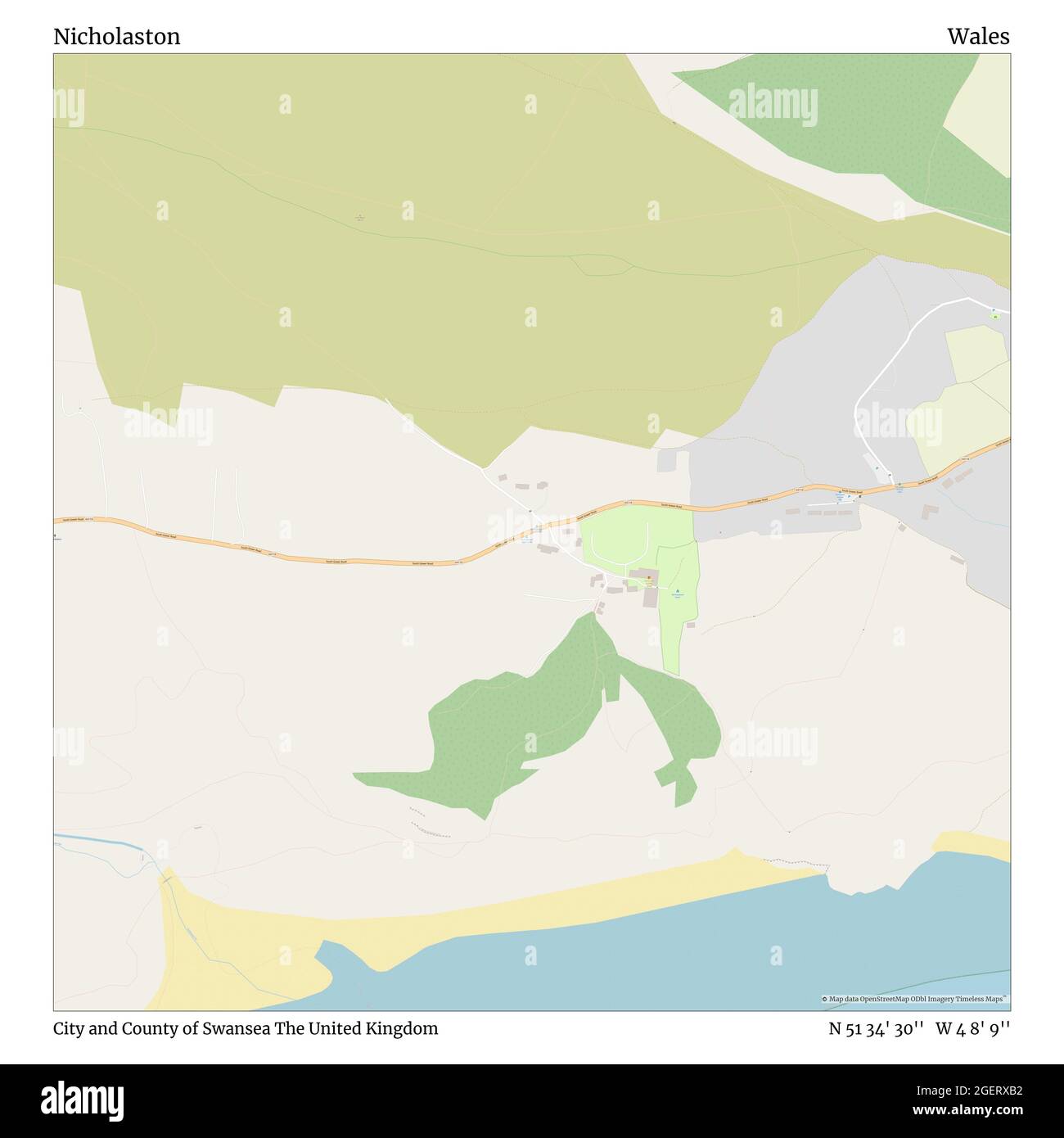 Nicholaston, City and County of Swansea, Vereinigtes Königreich, Wales, N 51 34' 30'', W 4 8' 9'', map, Timeless Map veröffentlicht im Jahr 2021. Reisende, Entdecker und Abenteurer wie Florence Nightingale, David Livingstone, Ernest Shackleton, Lewis and Clark und Sherlock Holmes haben sich bei der Planung von Reisen zu den entlegensten Ecken der Welt auf Karten verlassen.Timeless Maps kartiert die meisten Orte auf der Welt und zeigt die Verwirklichung großer Träume Stockfoto