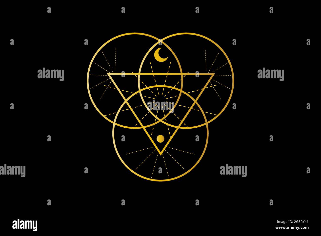 Heilige Geometrie, Dreieck-Logo und überlappende Kreise, Triquetra Trinity Knot-Symbol, Dreifache Göttin, Lichtstrahlen. Wicca Zeichen, Buch der Schatten Zeichen Stock Vektor