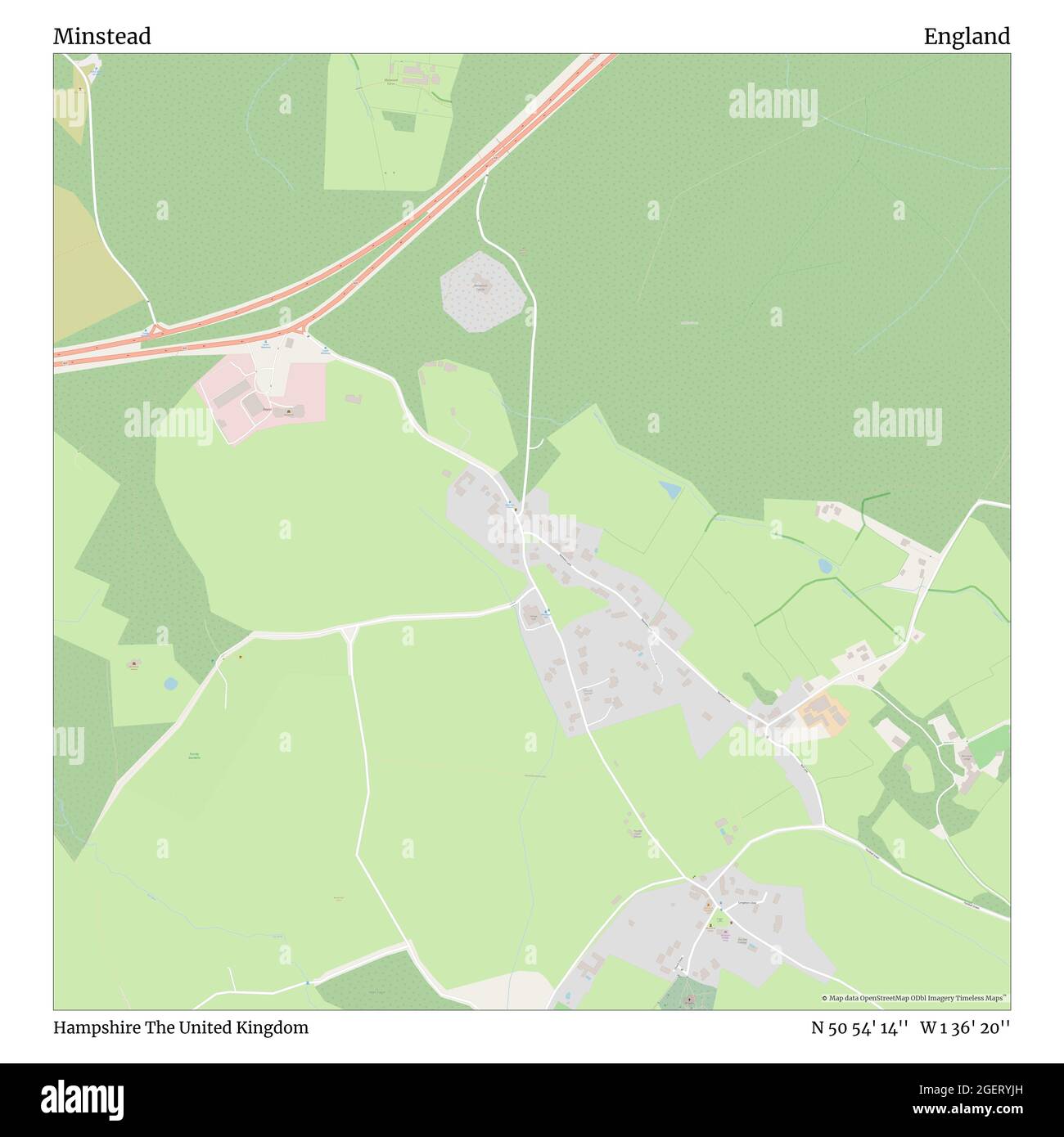 Minstead, Hampshire, Großbritannien, England, N 50 54' 14'', W 1 36' 20'', map, Timeless Map veröffentlicht im Jahr 2021. Reisende, Entdecker und Abenteurer wie Florence Nightingale, David Livingstone, Ernest Shackleton, Lewis and Clark und Sherlock Holmes haben sich bei der Planung von Reisen zu den entlegensten Ecken der Welt auf Karten verlassen.Timeless Maps kartiert die meisten Orte auf der Welt und zeigt die Verwirklichung großer Träume Stockfoto