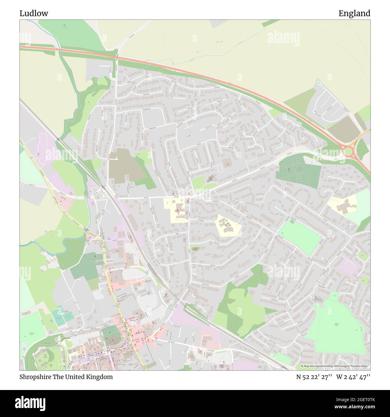 Ludlow, Shropshire, Großbritannien, England, N 52 22' 27'', W 2 42' 47'', map, Timeless Map veröffentlicht im Jahr 2021. Reisende, Entdecker und Abenteurer wie Florence Nightingale, David Livingstone, Ernest Shackleton, Lewis and Clark und Sherlock Holmes haben sich bei der Planung von Reisen zu den entlegensten Ecken der Welt auf Karten verlassen.Timeless Maps kartiert die meisten Orte auf der Welt und zeigt die Verwirklichung großer Träume Stockfoto