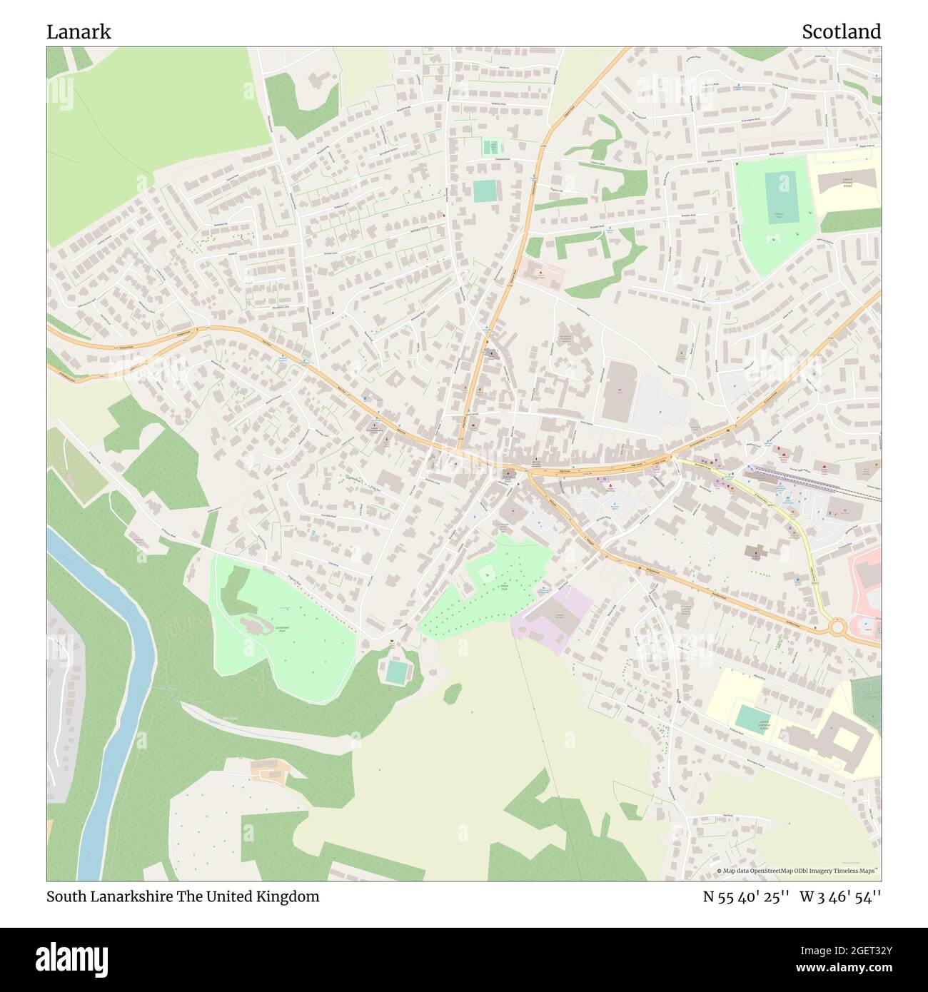 Lanark, South Lanarkshire, Großbritannien, Schottland, N 55 40' 25'', W 3 46' 54'', map, Timeless Map veröffentlicht im Jahr 2021. Reisende, Entdecker und Abenteurer wie Florence Nightingale, David Livingstone, Ernest Shackleton, Lewis and Clark und Sherlock Holmes haben sich bei der Planung von Reisen zu den entlegensten Ecken der Welt auf Karten verlassen.Timeless Maps kartiert die meisten Orte auf der Welt und zeigt die Verwirklichung großer Träume Stockfoto