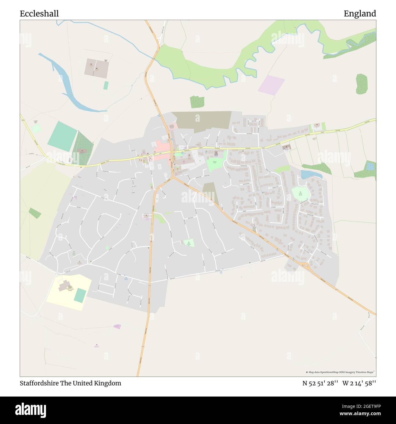 Eccleshall, Staffordshire, Großbritannien, England, N 52 51' 28'', W 2 14' 58'', map, Timeless Map veröffentlicht im Jahr 2021. Reisende, Entdecker und Abenteurer wie Florence Nightingale, David Livingstone, Ernest Shackleton, Lewis and Clark und Sherlock Holmes haben sich bei der Planung von Reisen zu den entlegensten Ecken der Welt auf Karten verlassen.Timeless Maps kartiert die meisten Orte auf der Welt und zeigt die Verwirklichung großer Träume Stockfoto