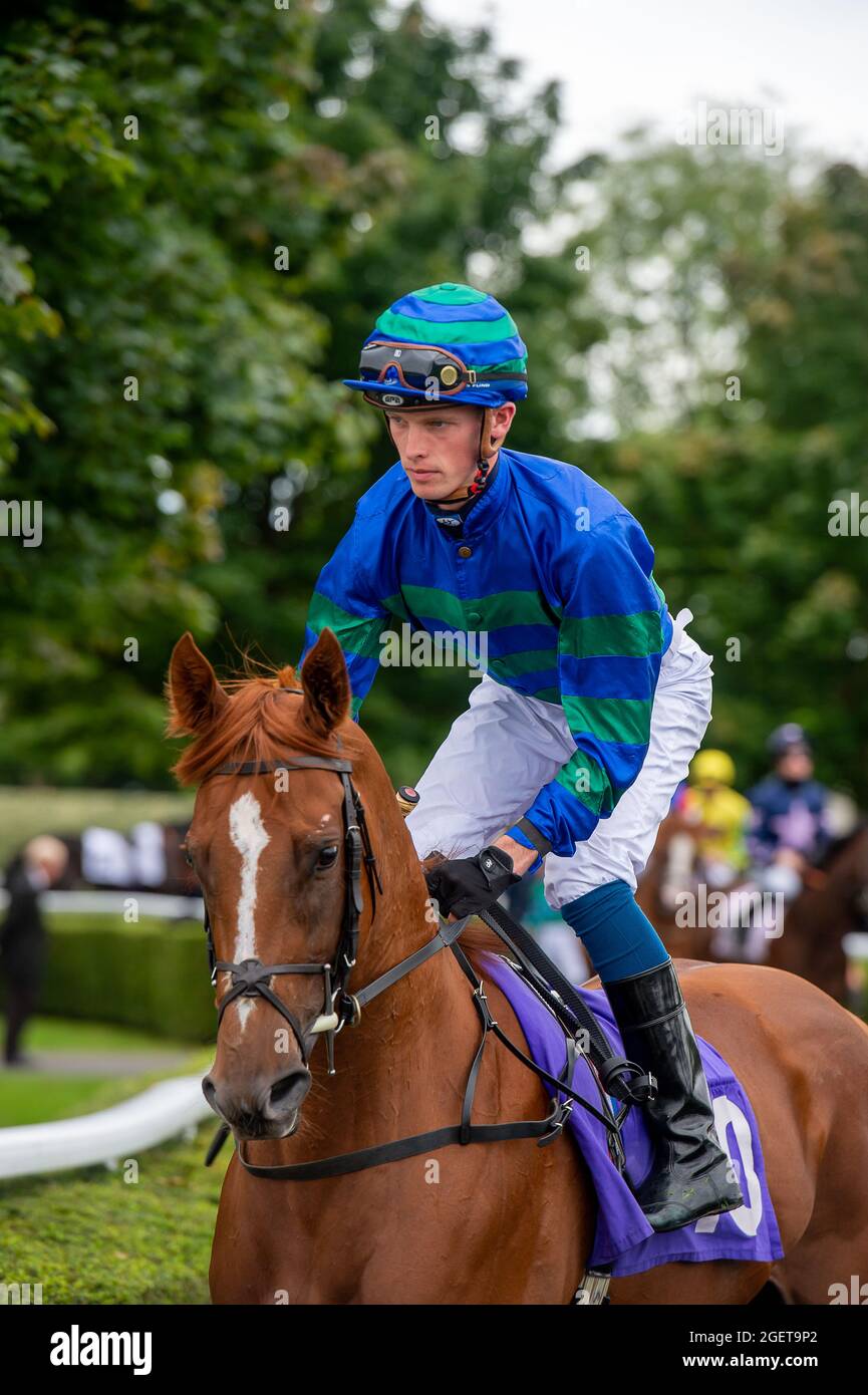 Sunbury-on-Thames, Middlesex, Großbritannien. August 2021. Indischer Guru, der von Jockey Luke Catton zum Start der Unibet Casino Deposit £10 Get £40 Bonus Nursery Handicap gefahren wird. Quelle: Maureen McLean/Alamy Stockfoto