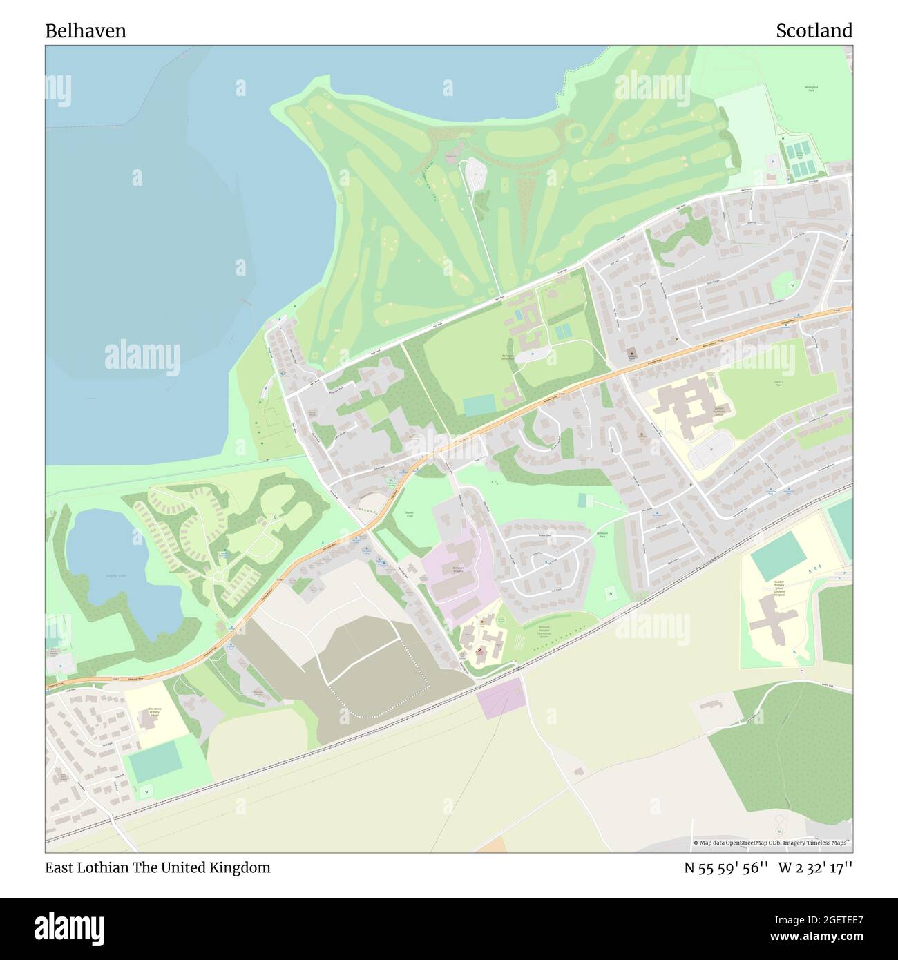 Belhaven, East Lothian, Großbritannien, Schottland, N 55 59' 56'', W 2 32' 17'', map, Timeless Map veröffentlicht im Jahr 2021. Reisende, Entdecker und Abenteurer wie Florence Nightingale, David Livingstone, Ernest Shackleton, Lewis and Clark und Sherlock Holmes haben sich bei der Planung von Reisen zu den entlegensten Ecken der Welt auf Karten verlassen.Timeless Maps kartiert die meisten Orte auf der Welt und zeigt die Verwirklichung großer Träume Stockfoto