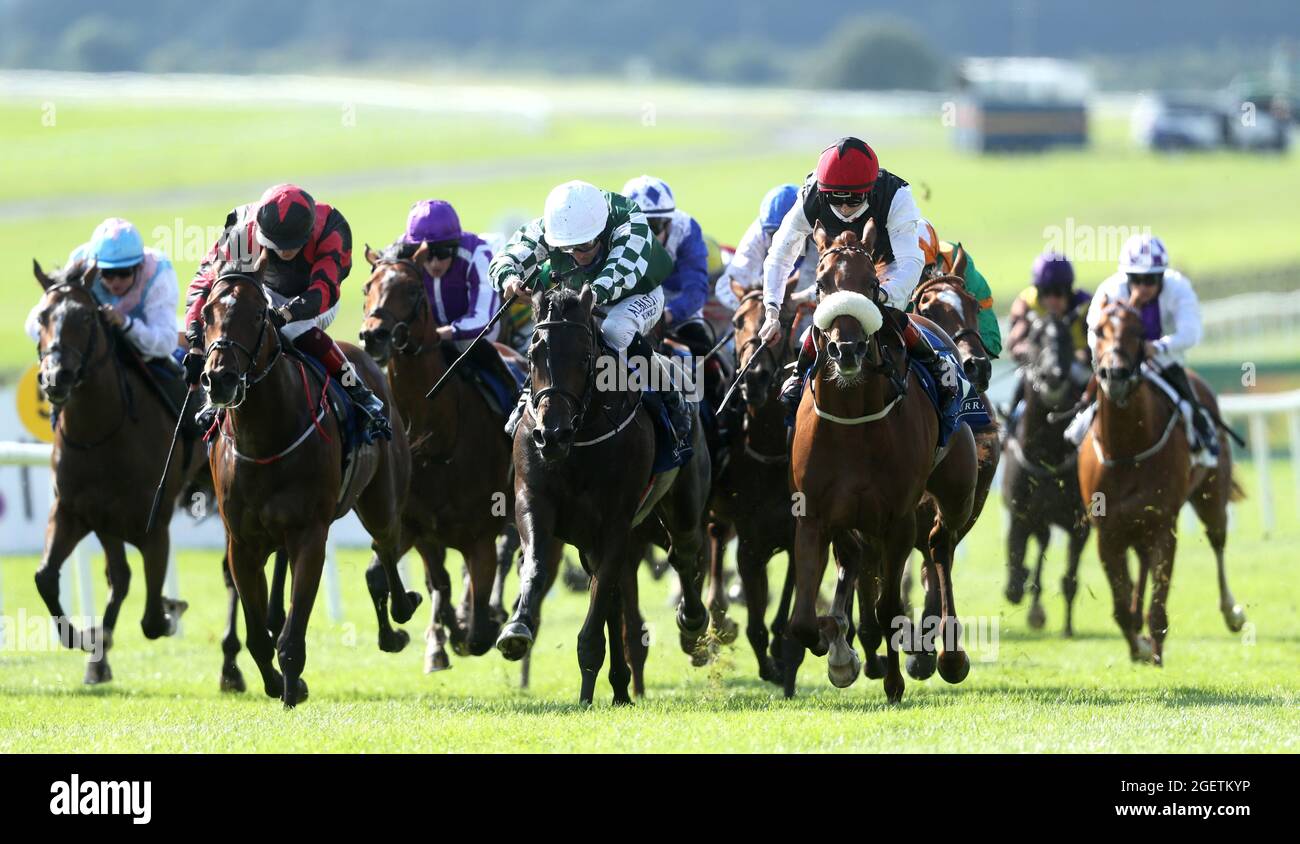 Eclat De Lumiere unter Colin Keane (vorne rechts) gewinnt auf der Curragh Racecourse den Irish Hengst Farms European Breeders Fund Maiden. Bilddatum: Samstag, 21. August 2021. Siehe PA Story RACING Curragh. Bildnachweis sollte lauten: Niall Carson/PA Wire. EINSCHRÄNKUNGEN: Die Nutzung unterliegt Einschränkungen. Nur redaktionelle Verwendung, keine kommerzielle Nutzung ohne vorherige Zustimmung des Rechteinhabers. Stockfoto