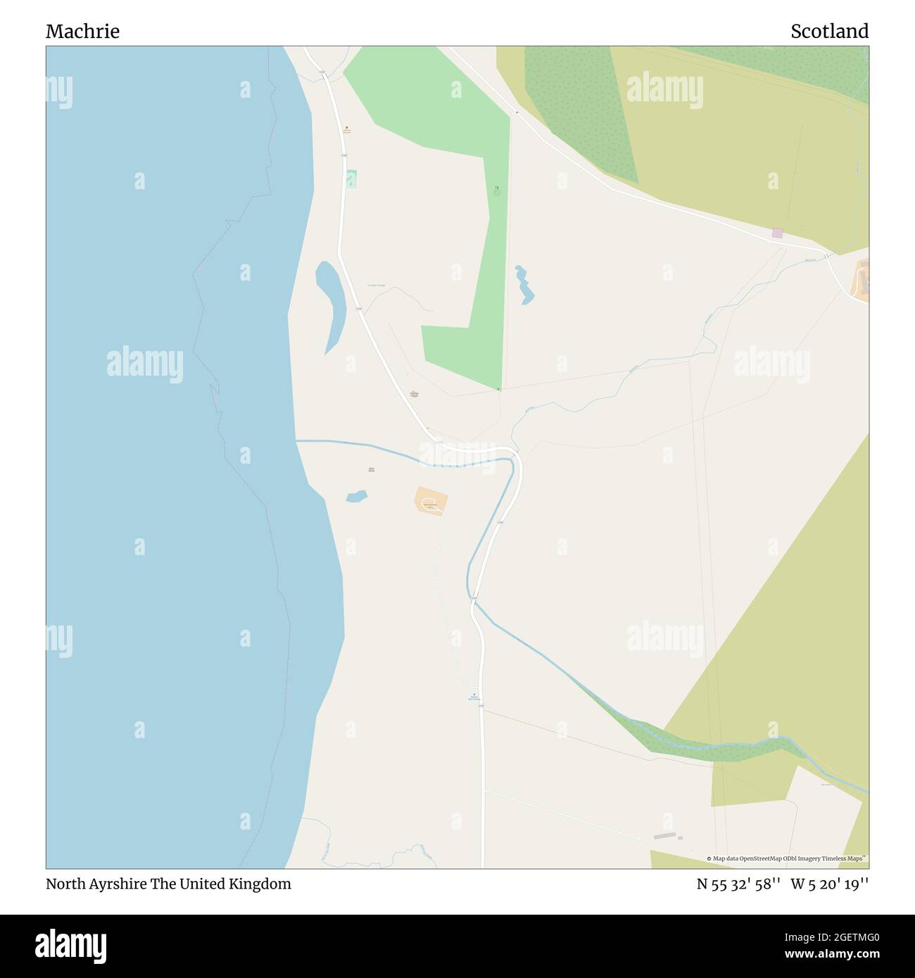 Machrie, North Ayrshire, Großbritannien, Schottland, N 55 32' 58'', W 5 20' 19'', map, Timeless Map veröffentlicht im Jahr 2021. Reisende, Entdecker und Abenteurer wie Florence Nightingale, David Livingstone, Ernest Shackleton, Lewis and Clark und Sherlock Holmes haben sich bei der Planung von Reisen zu den entlegensten Ecken der Welt auf Karten verlassen.Timeless Maps kartiert die meisten Orte auf der Welt und zeigt die Verwirklichung großer Träume Stockfoto