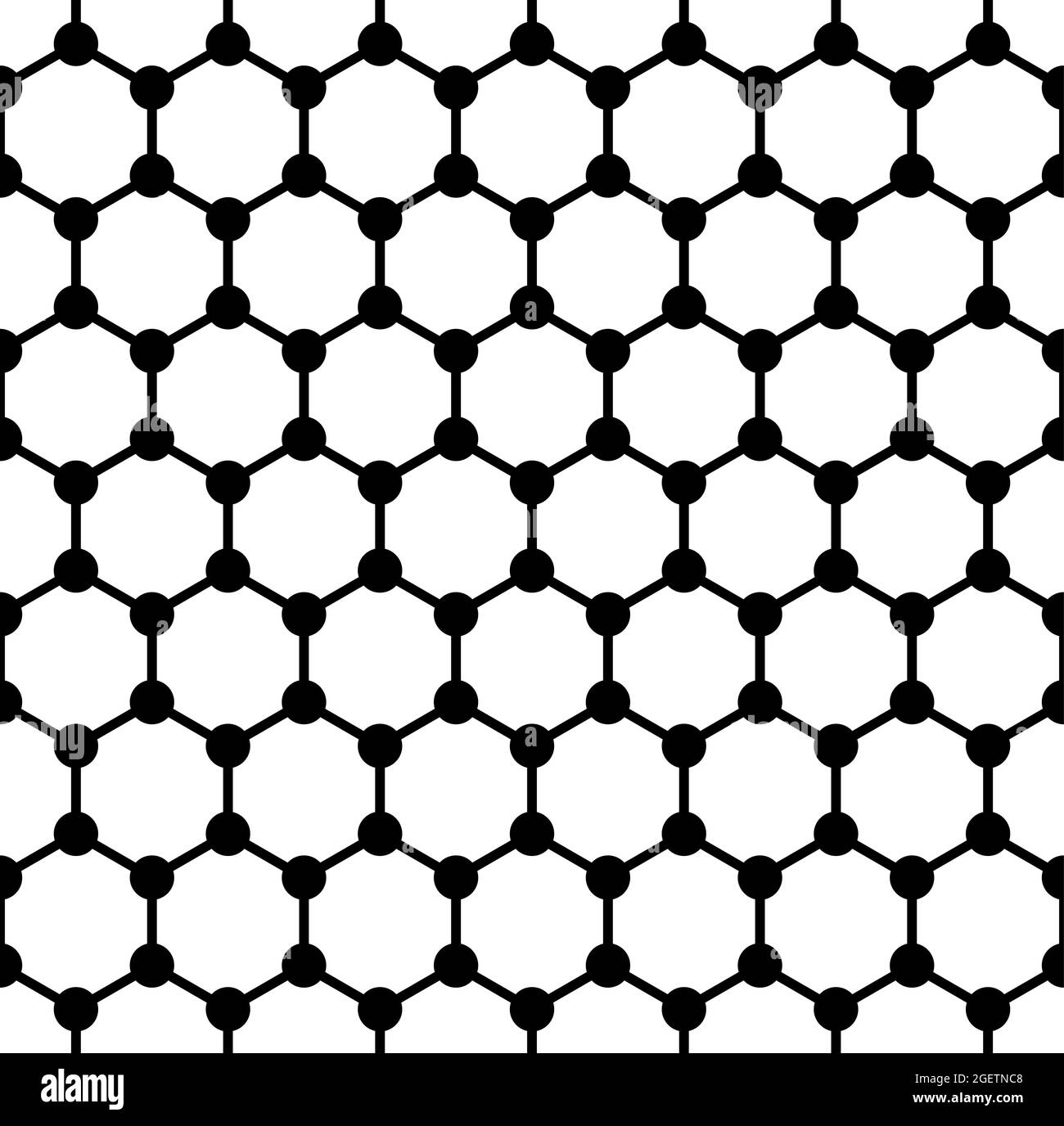 Kühne Graphenstruktur, nahtlose Kachel, schematische Molekülstruktur von Graphen, Allotrope aus Kohlenstoff, einzelne Schicht von Kohlenstoffatomen in hexagonalem Raster. Stockfoto