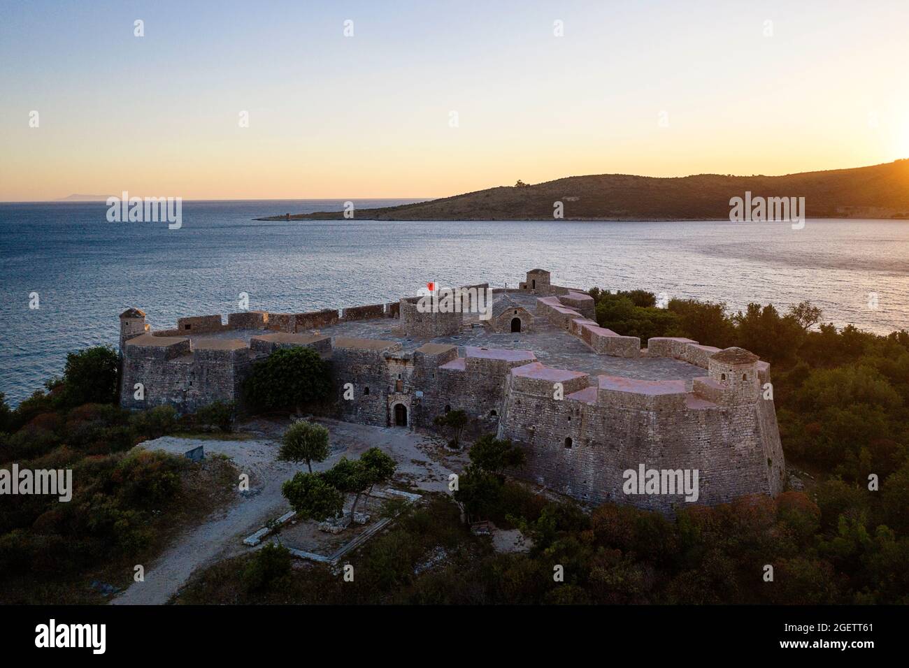 Luftaufnahme der Festung Ali Pasha, Porto Palermo, aufgenommen mit Drohne, Südküste, Albanien, Europa Stockfoto