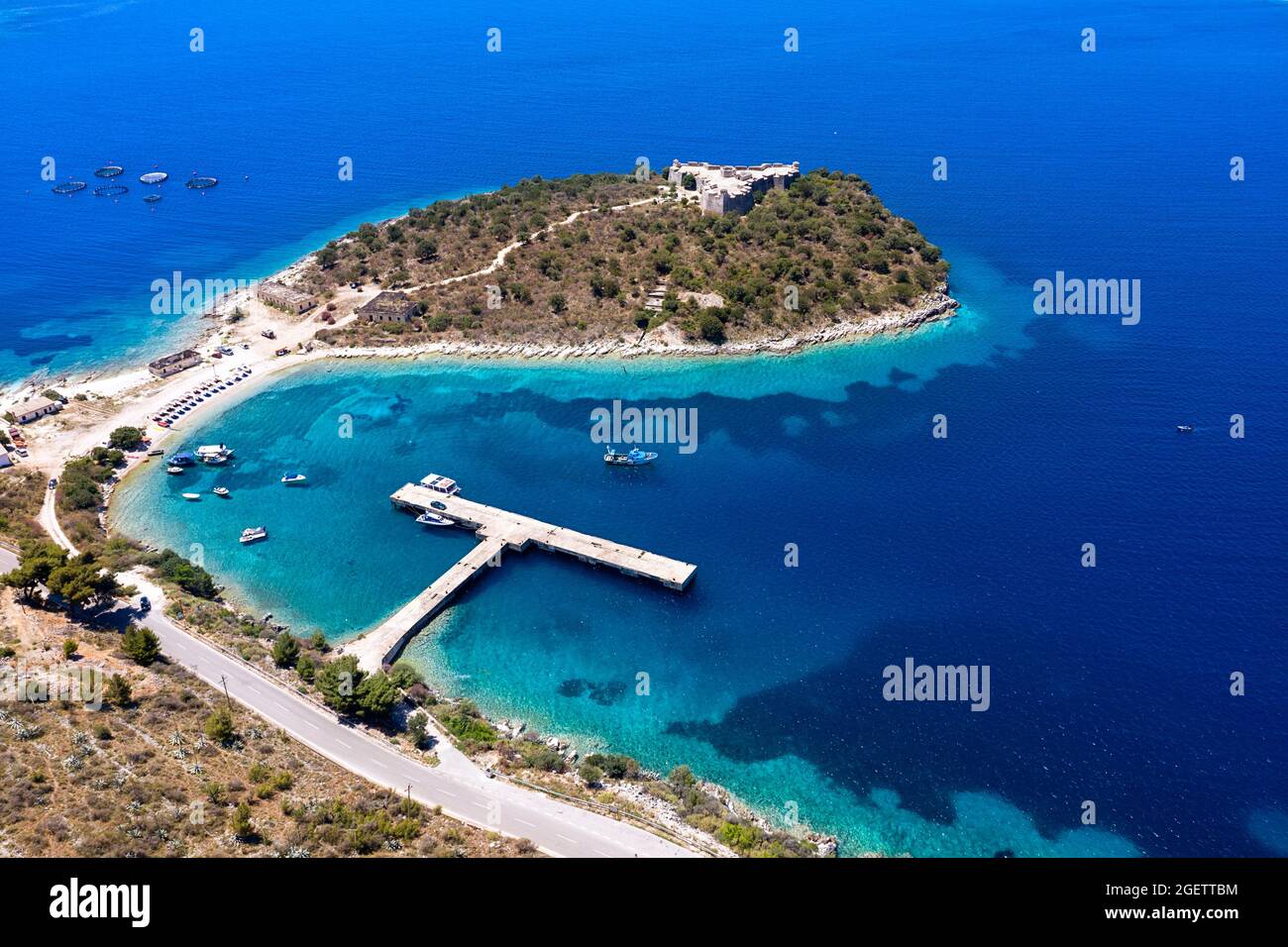 Luftaufnahme von Porto Palermo, aufgenommen mit Drohne, Südküste, Albanien, Europa Stockfoto