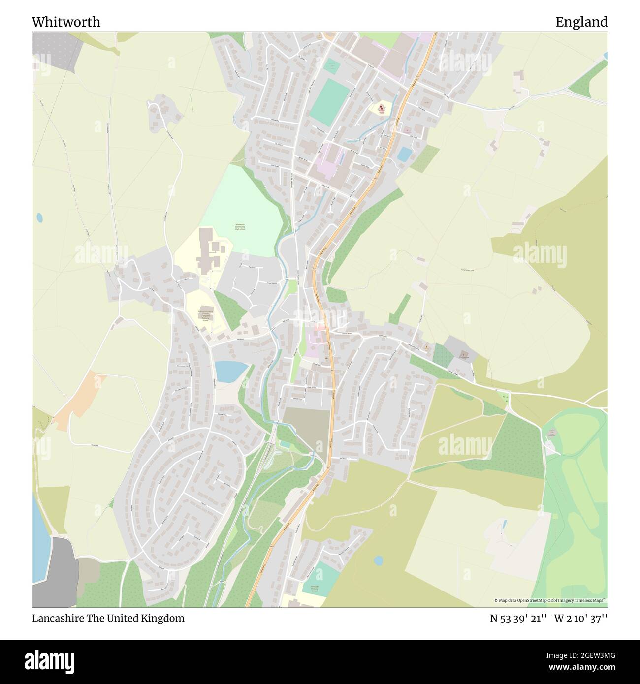 Whitworth, Lancashire, Großbritannien, England, N 53 39' 21'', W 2 10' 37'', map, Timeless Map veröffentlicht im Jahr 2021. Reisende, Entdecker und Abenteurer wie Florence Nightingale, David Livingstone, Ernest Shackleton, Lewis and Clark und Sherlock Holmes haben sich bei der Planung von Reisen zu den entlegensten Ecken der Welt auf Karten verlassen.Timeless Maps kartiert die meisten Orte auf der Welt und zeigt die Verwirklichung großer Träume Stockfoto