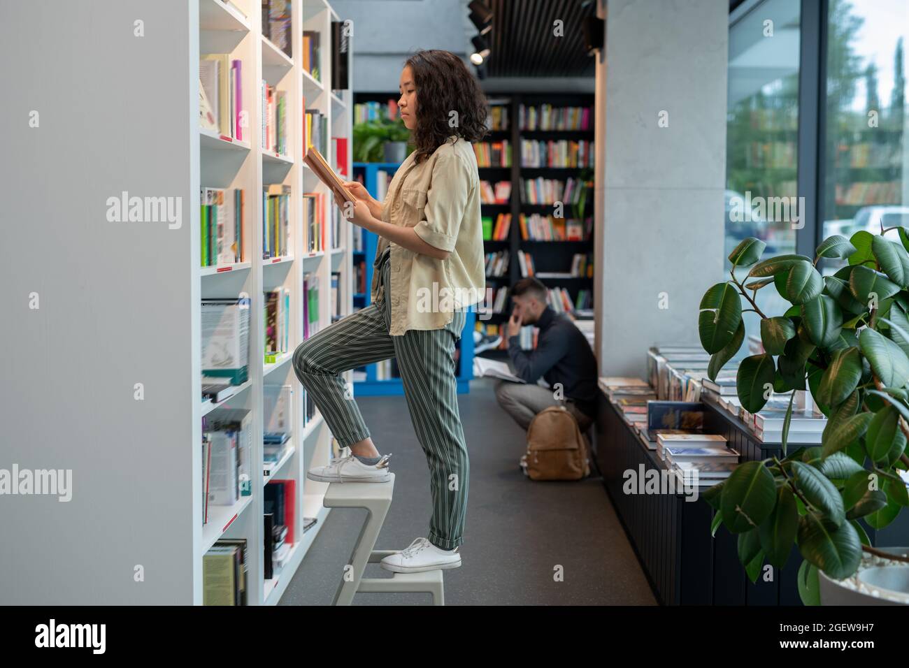 Hübsche asiatische Frau, die auf einer Stehleiter steht, während sie Bücher in der Bibliothek auswählt Stockfoto