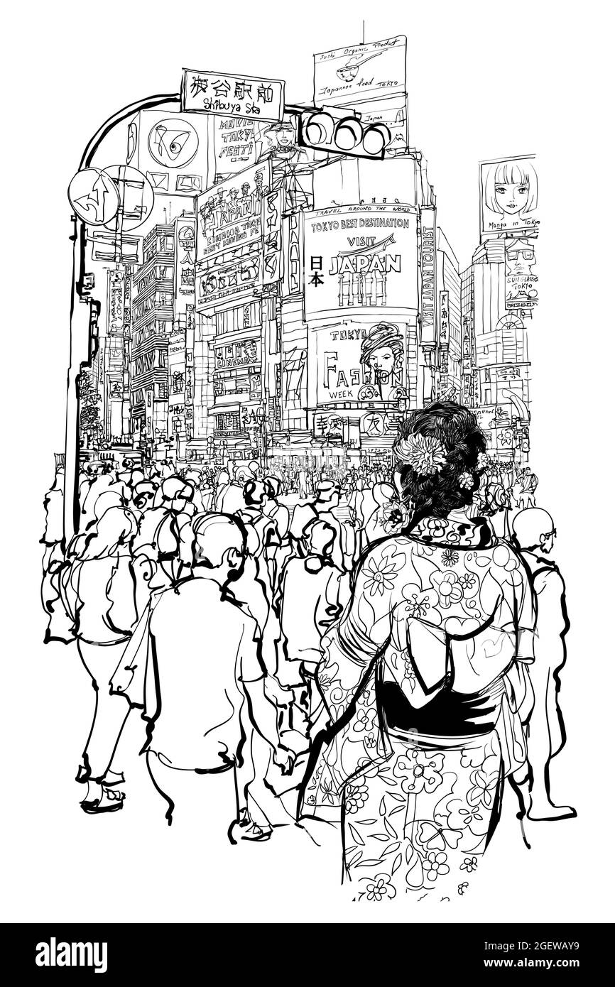 TOKYO, berühmte Shibuya Kreuzung - Vektor-Illustration (alle Anzeigen sind gefälscht) Bedeutung der japanischen Zeichendeuter: Japan; Shibuya; Glück; Liebe; Fr. Stock Vektor