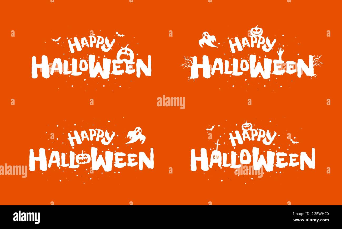 Happy Halloween Urlaub handgezeichnete Schriftzug Design-Set. Traditionelle Festeinschrift mit gruseligen Jack O Lantern Kürbis auf orangefarbenem Hintergrund. Grußkarte oder Einladungscover eps-Vorlage Stock Vektor