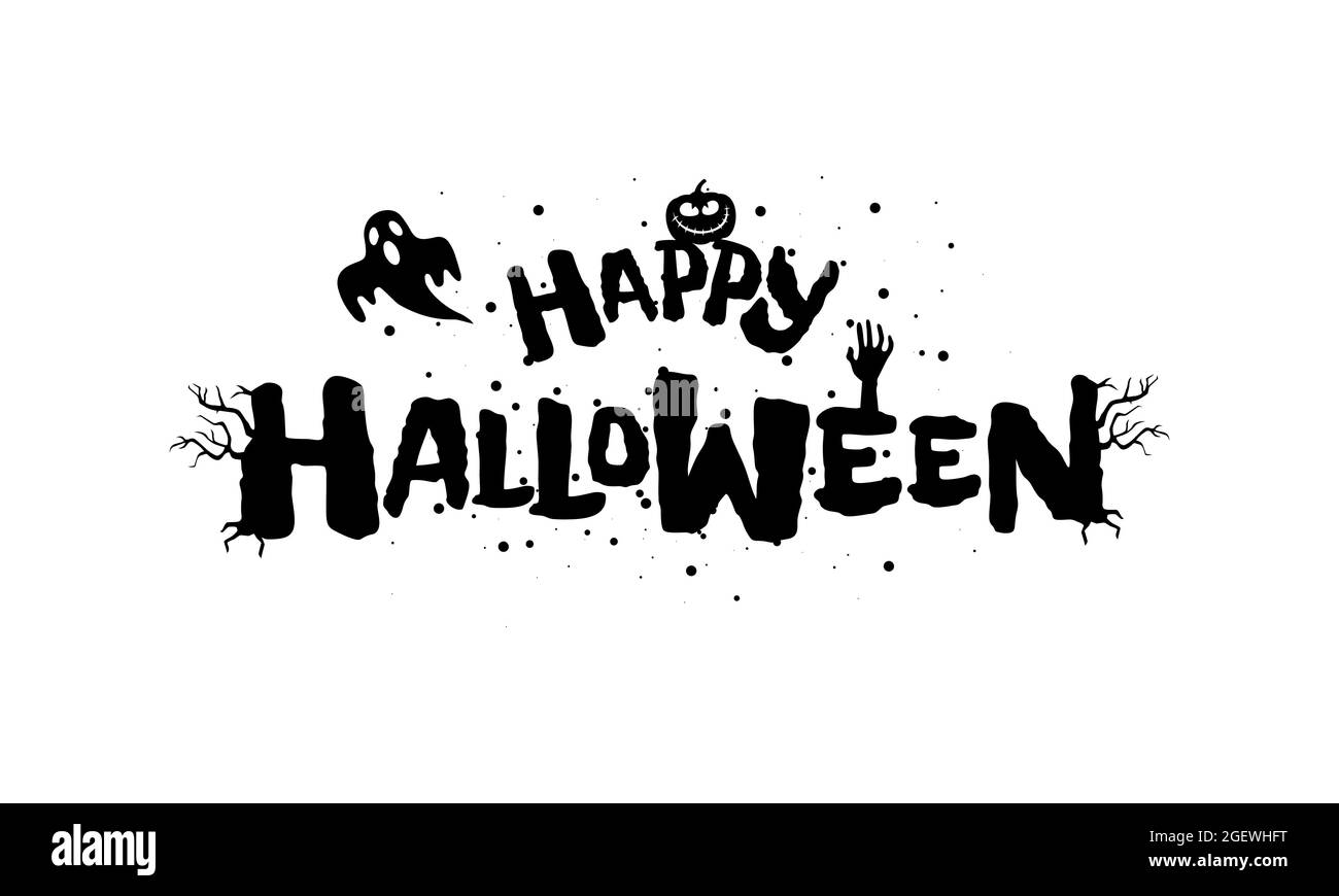 Happy Halloween Urlaub handgezeichnete Schriftzug Design. Traditionelle Festeinschrift mit gruseligen Jack O Laterne Kürbis mit Geist. Vektor isolierte Grußkarte oder Einladungstext Titelvorlage Stock Vektor