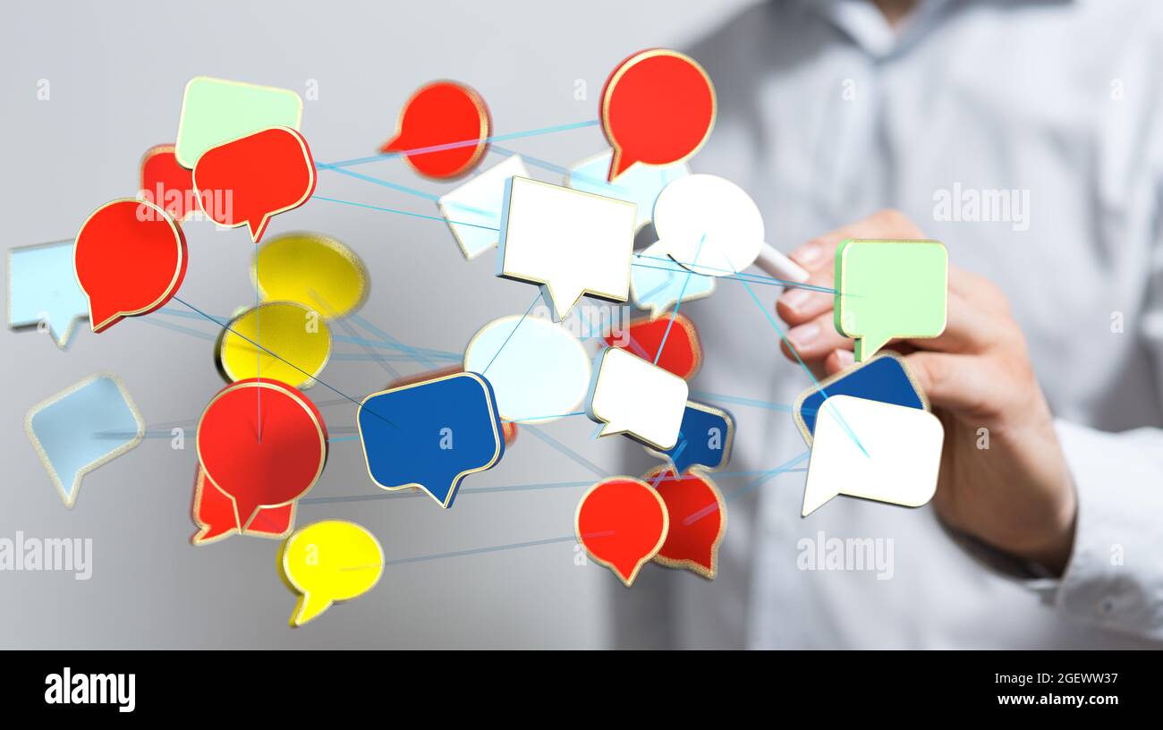 Person, die einen Stylus-Stift in der Nähe eines 3D-gerenderten Sprechblasensymbols hält Stockfoto