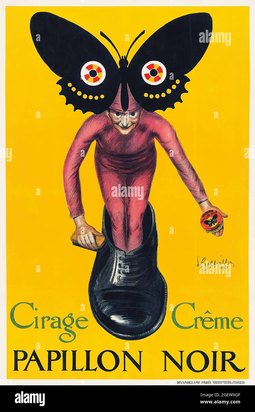 Leonetto Cappiello Kunstwerk. Vintage-Werbeplakat. Cirage Creme, Papillon Noir. Werbung für Schuhputzservice. Stockfoto