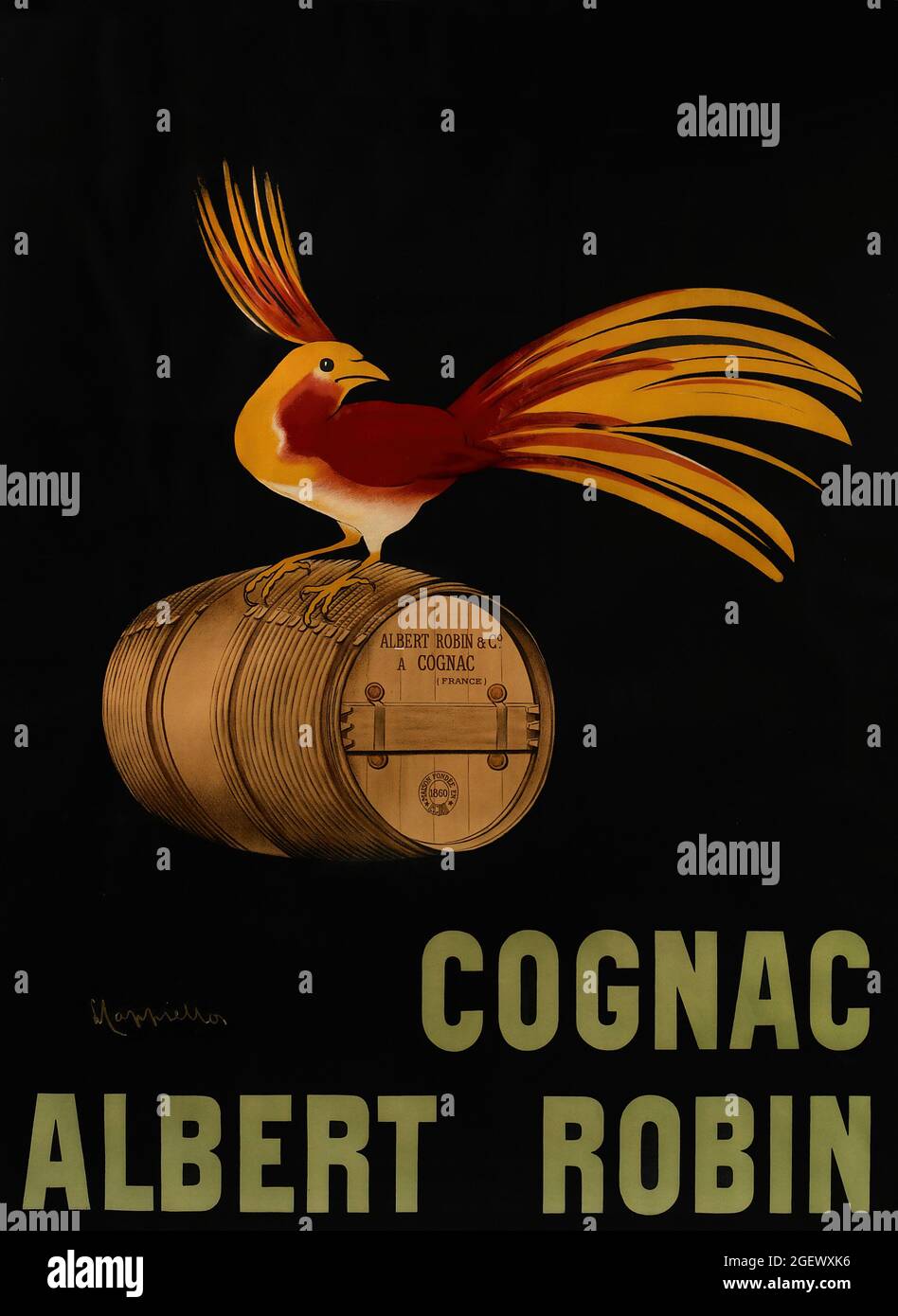 Leonetto Cappiello Kunstwerk. Jugendstil. Vintage-Werbeplakat. Cognac Albert Robin. Vogel auf Fass. 1906. Stockfoto