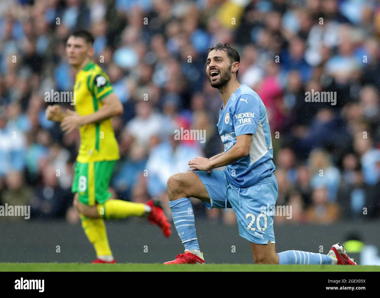 21. August 2021; Manchester City Stadium, Manchester, England, Premier League Football, Manchester City gegen Norwich; Bernardo Silva von Manchester City reagiert, nachdem er gestürpert ist Stockfoto