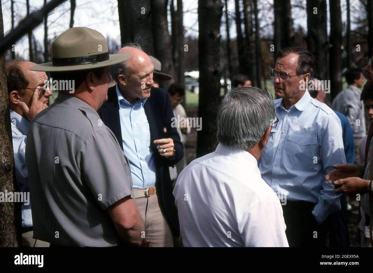 Draußen stehend, spricht Präsident Bush mit vier Männern. Präsident George Bush SR mit Senator Wallop, Superintendent Bob Barbee, Senator Simpson und Innenminister Lujan, 12. Juni 1989 Stockfoto