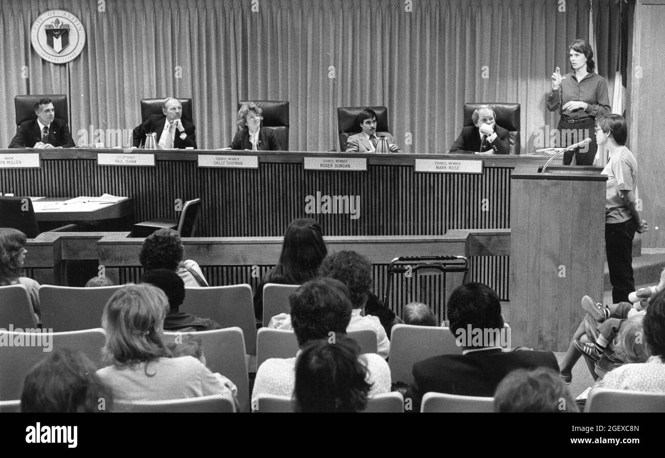 ©1986 Austin, Texas City Council Meeting, reguläre Sitzung. Stockfoto