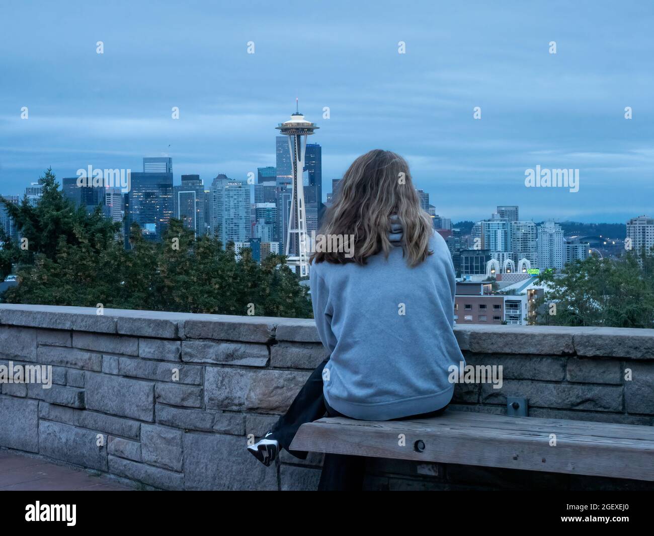 Betrachten Sie die Skyline von Seattle bei Dawn Stockfoto
