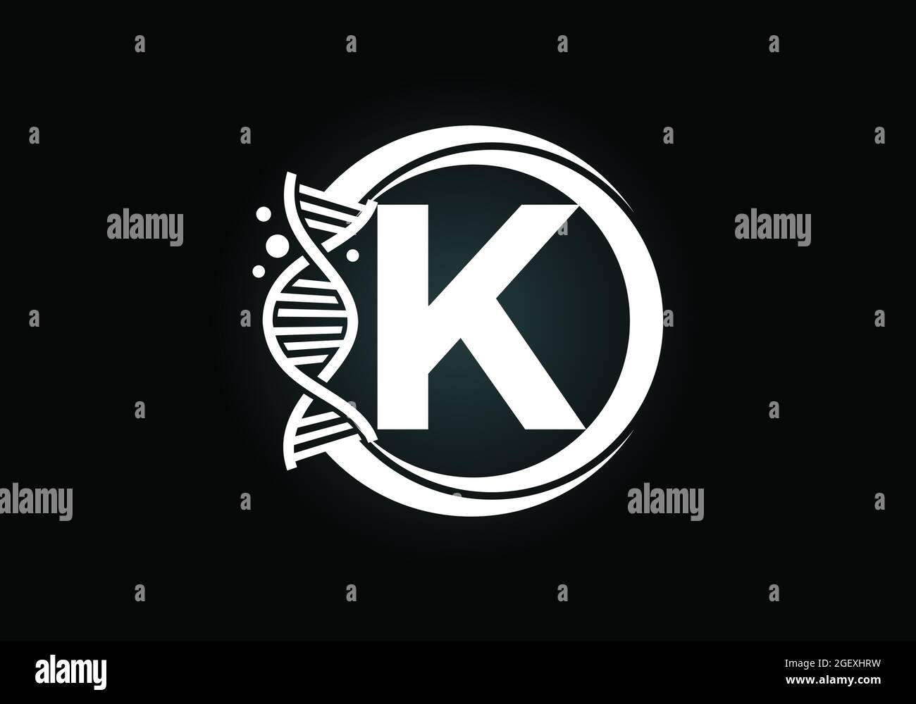 Anfängliches K-Monogramm-Alphabet in einem Kreis mit DNA. Genetics Logo Design Konzept. Schrift-Emblem. Logo für Medizin, Wissenschaft, Labor, Wirtschaft Stock Vektor