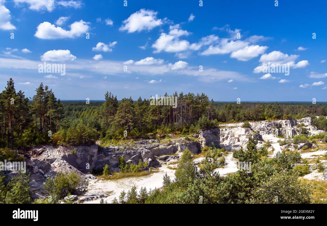 Luftaufnahme des Kalksteinbruchs in Józefów, Roztocze, Polen. Wald im Hintergrund. Panoramablick. Stockfoto