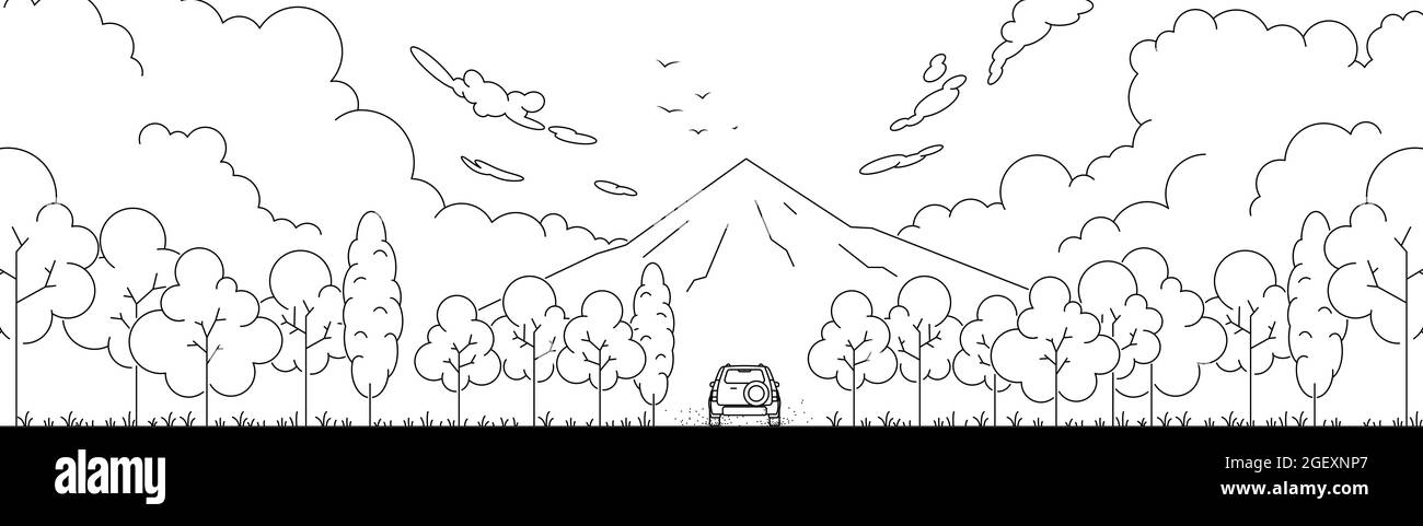 Skizzieren Sie Landschaft Berge, Wald, Auto und Reisen. Vektorgrafik für Linien. Stock Vektor