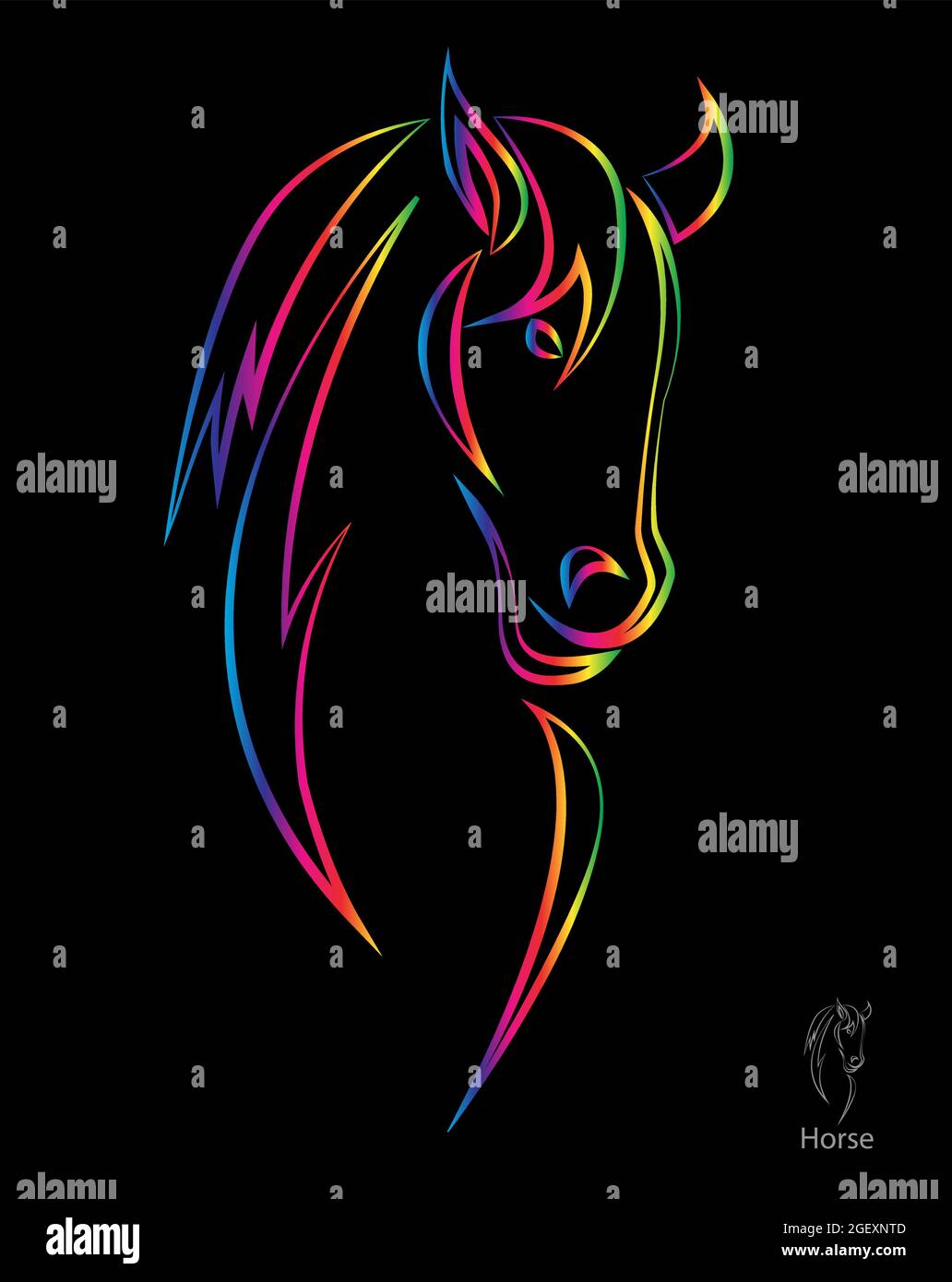 Vektorbild eines Pferdes auf schwarzem Hintergrund. Leicht editierbare Vektorgrafik mit Ebenen. Wilde Tiere. Nutztier. Stock Vektor
