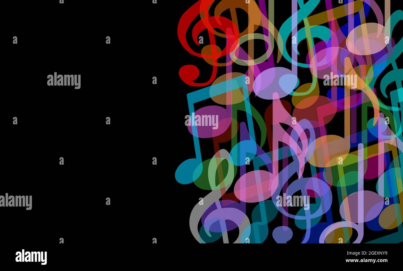 Musikhintergrund und musikalische Künste sind Symbol für eine Gruppe von Melodienoten, die in einem Audio-Harmoniekonzept in einem 3D-Illustrationsstil kombiniert werden. Stockfoto