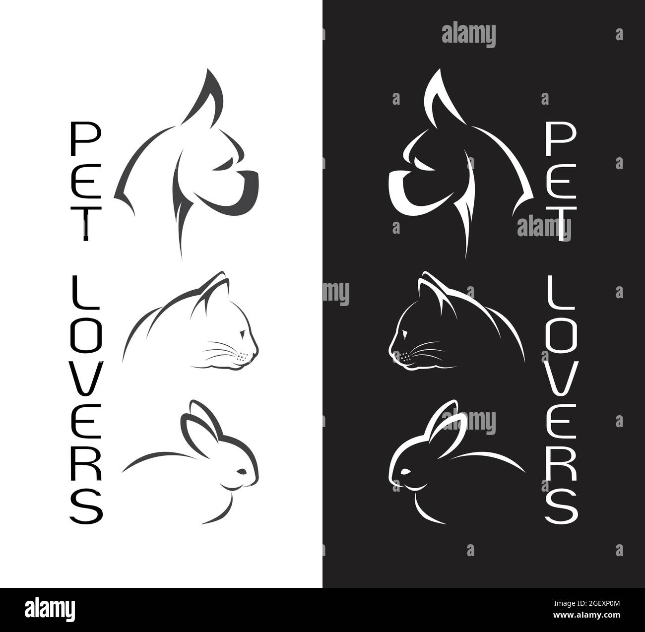 Vektor-Gruppe von Haustieren - Hund, Katze, Kaninchen, isoliert auf weißem Hintergrund und schwarzem Hintergrund / Pet Logo. Leicht editierbare Vektorgrafik mit Ebenen. Stock Vektor