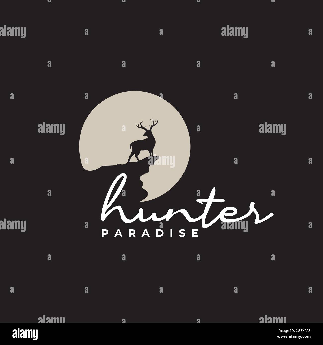Logo von Deer Blick zurück über den Abgrund mit Vollmond Hintergrund Design-Vorlage Stock Vektor
