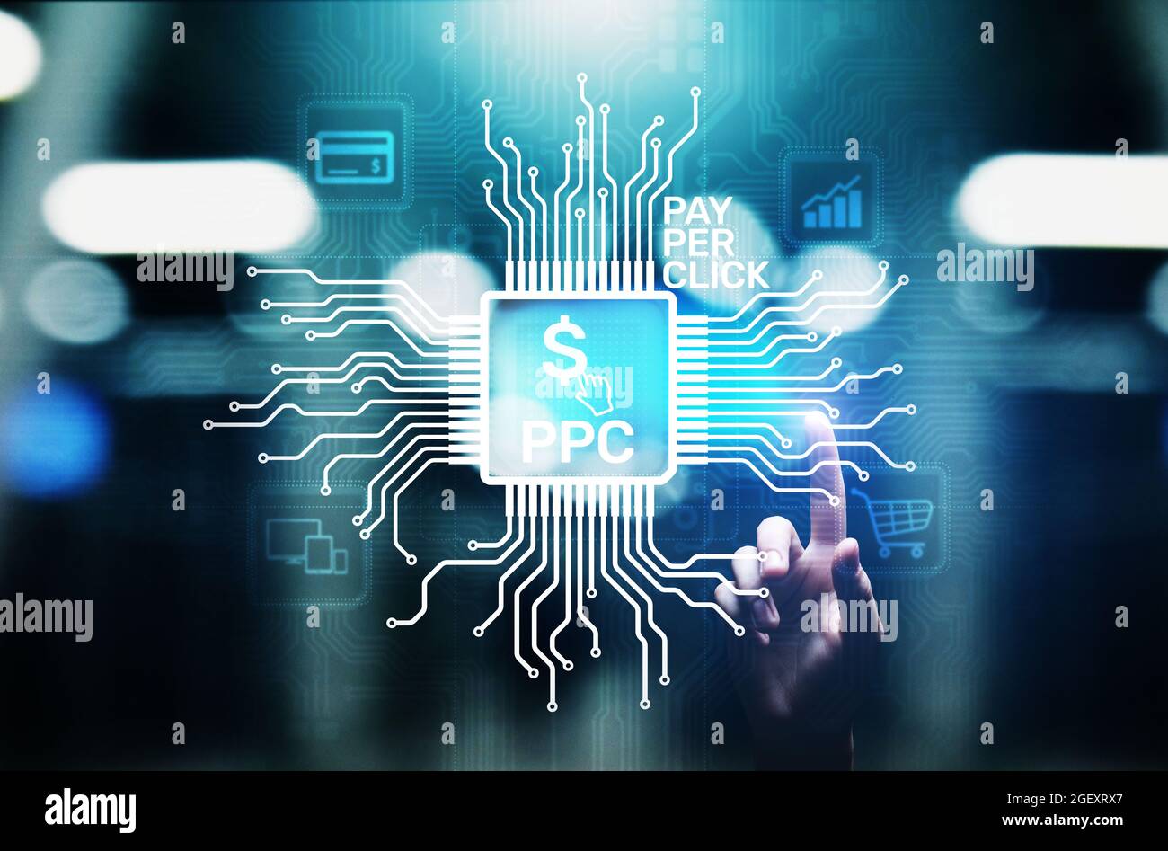 PPC Pay per Click Payment Technologie digitales Marketing Internet Business-Konzept auf virtuellem Bildschirm. Stockfoto